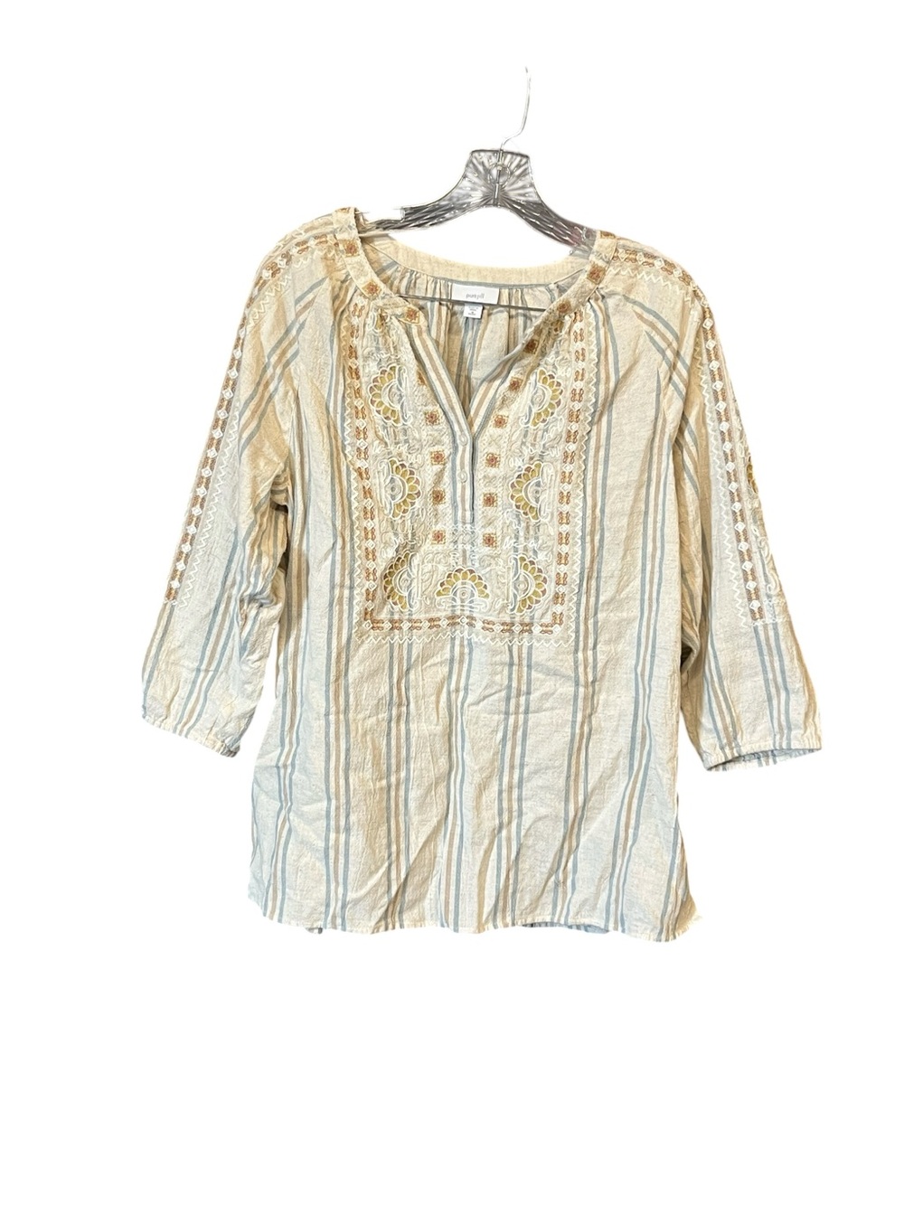 Pure Jill Petite Embroidered Stripe Linen Blend Peasant Top Blue Beige MP Boho
